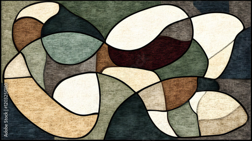A freeform abstract with organic shapes and flowing lines in earthy tones of green, brown, and beige 