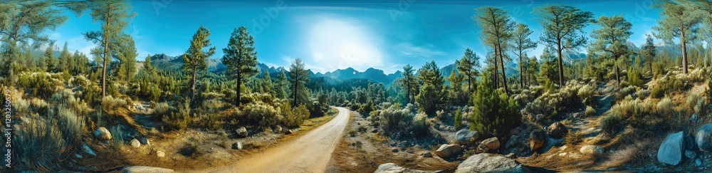 Scenic Road through Pine Forest: A panoramic view of a winding, dirt road meandering through a lush pine forest, bathed in the golden light of the setting sun.