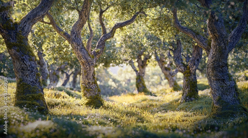 Sunlit Grove digital artwork depicting a serene grove of ancient, moss-covered trees bathed in the warm glow of sunlight filtering through the leaves. Sunlit Grove digital artwork depicting a serene grove of ancient, moss-covered trees bathed in the warm glow of sunlight filtering through the leaves.