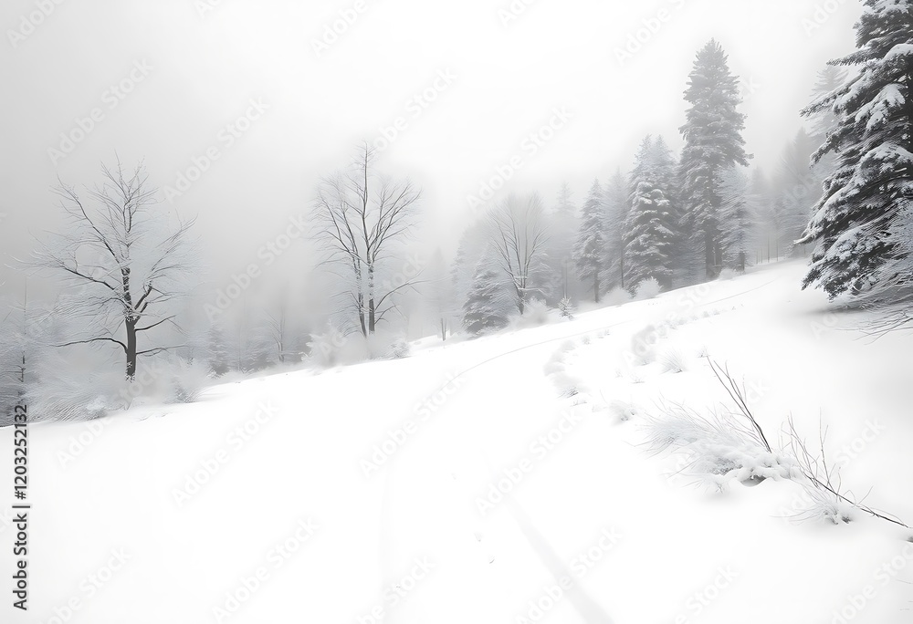 Obraz premium Winter Wonderland Path Through Snowy Forest. A tranquil winter scene showcasing a winding path through a snowy forest