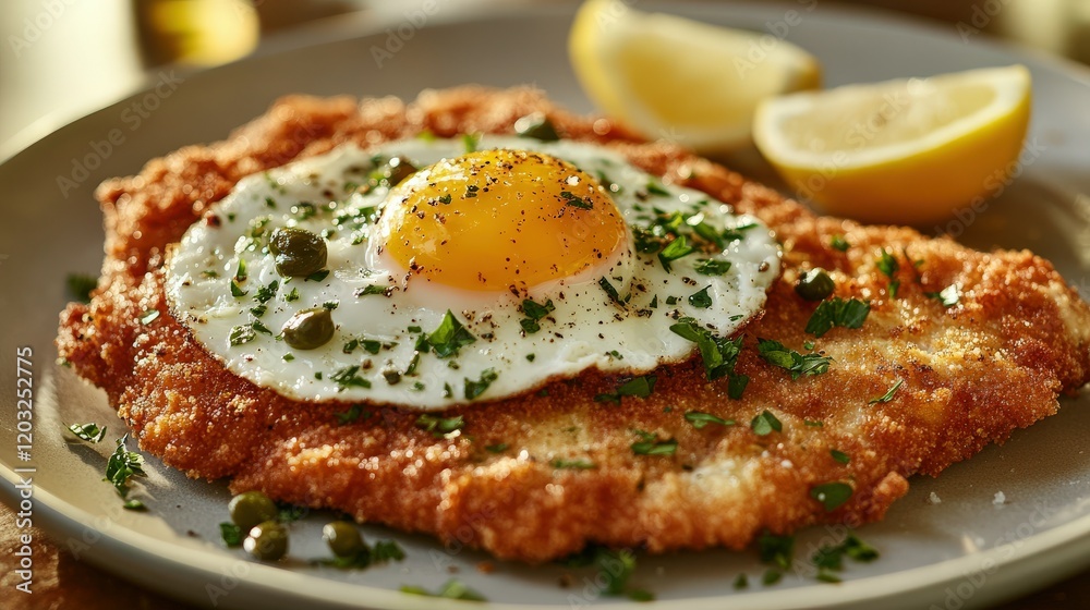 Deliciously prepared fried fish with egg and lemon served on a plate Deliciously prepared fried fish with egg and lemon served on a plate