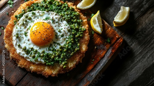 Fried egg atop crispy base with green herbs and lemon slices on a wooden board photo