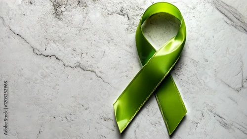 Green ribbon symbolizes support for mental health awareness initiatives on a textured surface