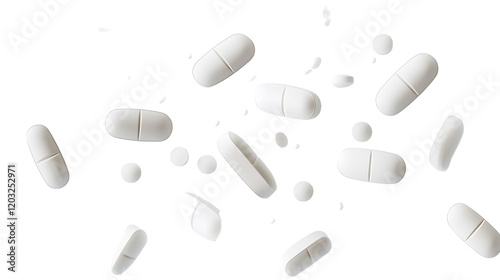 Flying white pills on a transparent background. isolated background.