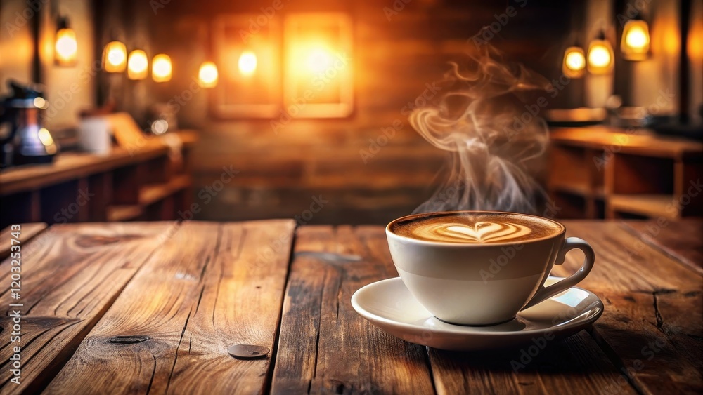A steaming hot coffee latte on a rustic wooden table in a cozy cafe , coffee latte A steaming hot coffee latte on a rustic wooden table in a cozy cafe , coffee latte