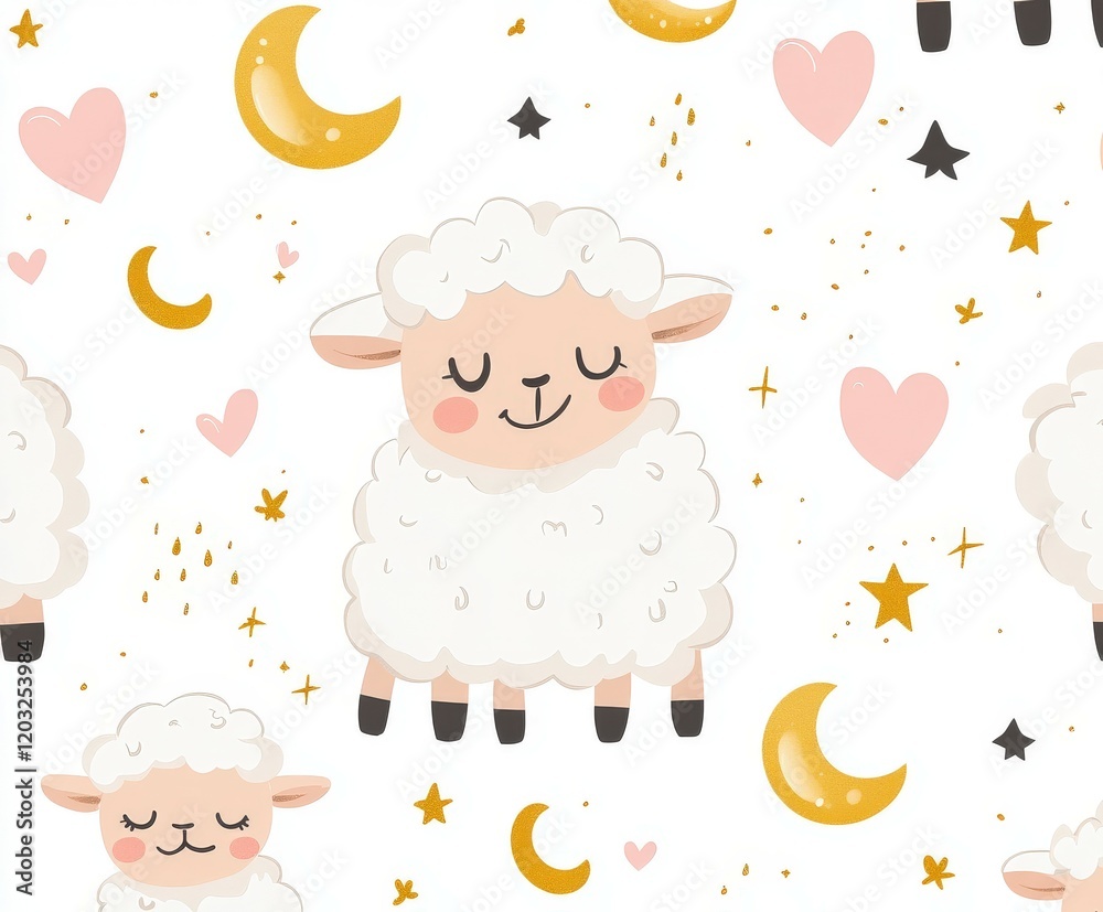 Naklejka premium Playful sheep pattern with moons and stars on a soft background