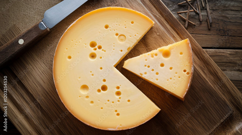 Delicious Swiss Cheese Wheel Sliced on Wooden Board Delicious Swiss Cheese Wheel Sliced on Wooden Board