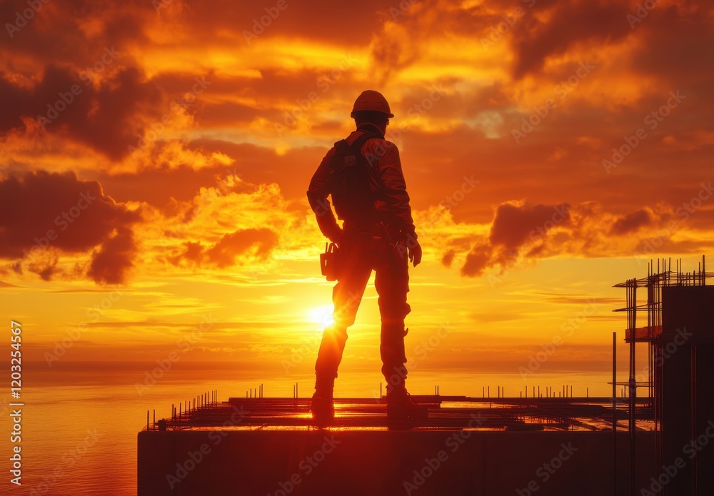 Fototapeta premium Worker on Construction Site at Sunset, Silhouette against Vibrant Sky, Captivating View of Industry and Natural Beauty, Inspiring Determination and Hard Work