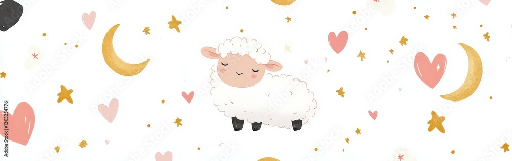Cute sheep surrounded by stars and hearts in a playful design Cute sheep surrounded by stars and hearts in a playful design