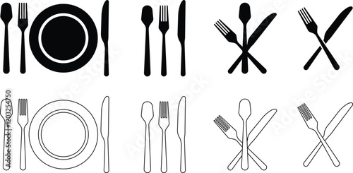 Cutlery plate icon set. Place Setting Paper Plate, Plastic Fork, Spoon, Knife black line and flat vector collection isolated on transparent background. Utensils meal crockery symbol for food and app
