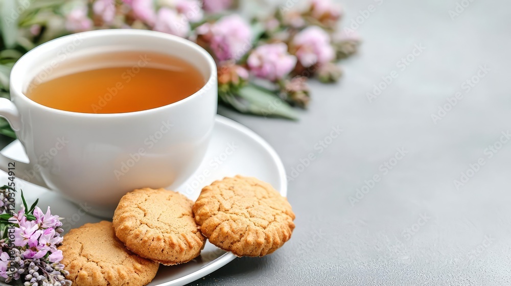 Tea and cookies on grey surface with flowers. Relaxing afternoon tea break. Stock photo for websites, blogs