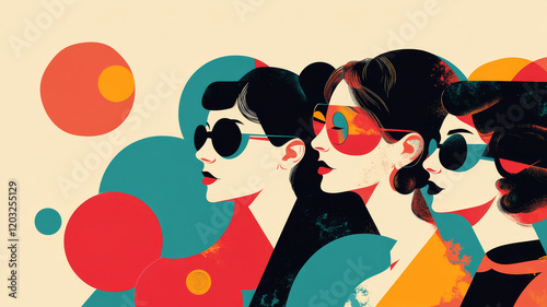 Flat 60's style illustration about women's right to vote, with a group of different women together, with geometric elements in a minimalist style photo