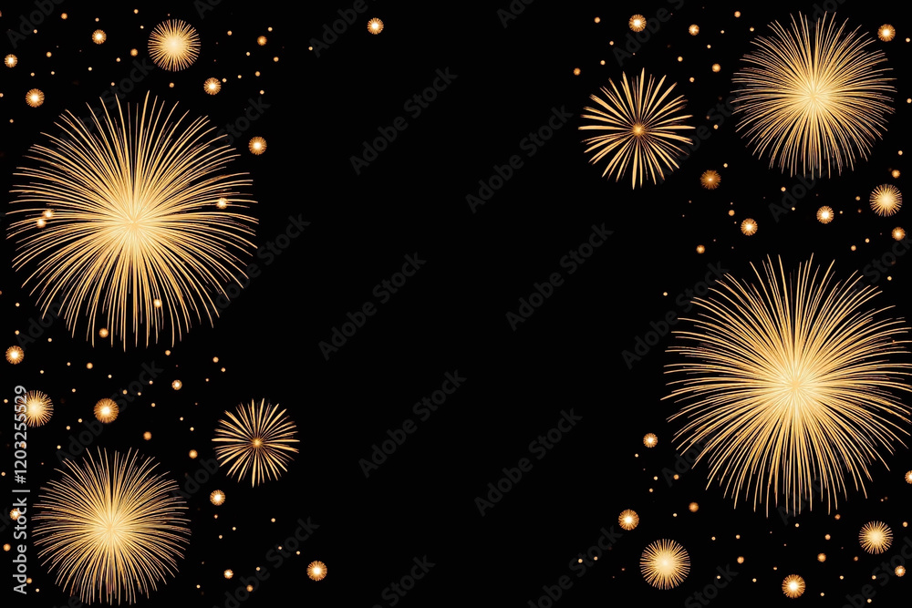Naklejka premium Fireworks in golden yellow and beige exploding on a dark black background