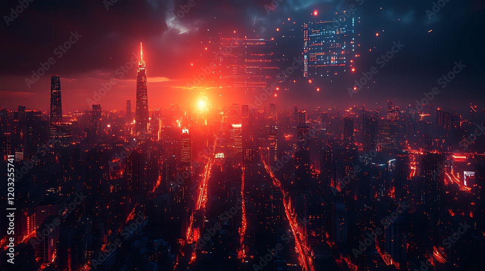 Obraz premium Cityscape sunrise, digital data streams, futuristic, red glow