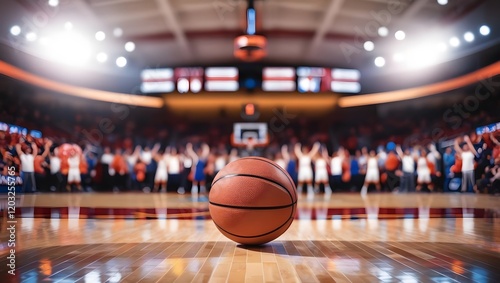 basketball rests on court in vibrant arena, spotlighted amidst exciting game atmosphere. Fans cheer in background, creating electrifying sports experience