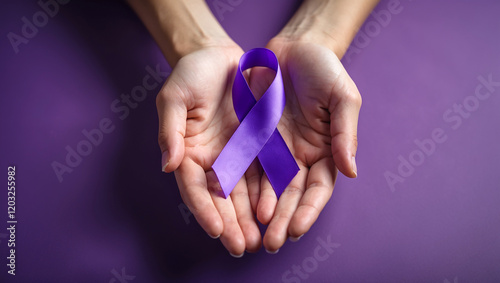 hands holding awareness purple ribbon