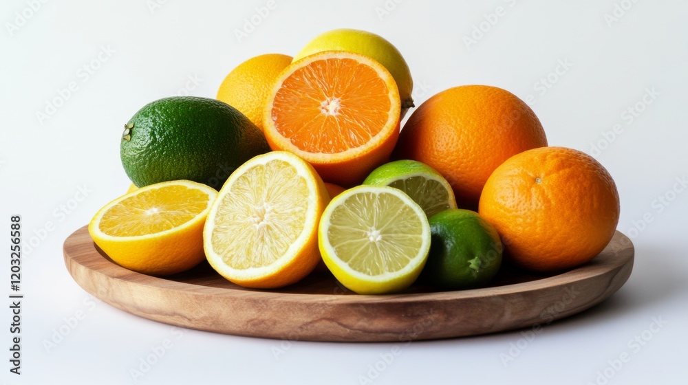 Vibrant assortment of citrus fruits piled on a wooden platter. Fresh oranges, lemons, limes, and more create a colorful display. Perfect for healthy recipes or brightening up any kitchen. Generati Vibrant assortment of citrus fruits piled on a wooden platter. Fresh oranges, lemons, limes, and more create a colorful display. Perfect for healthy recipes or brightening up any kitchen. Generati