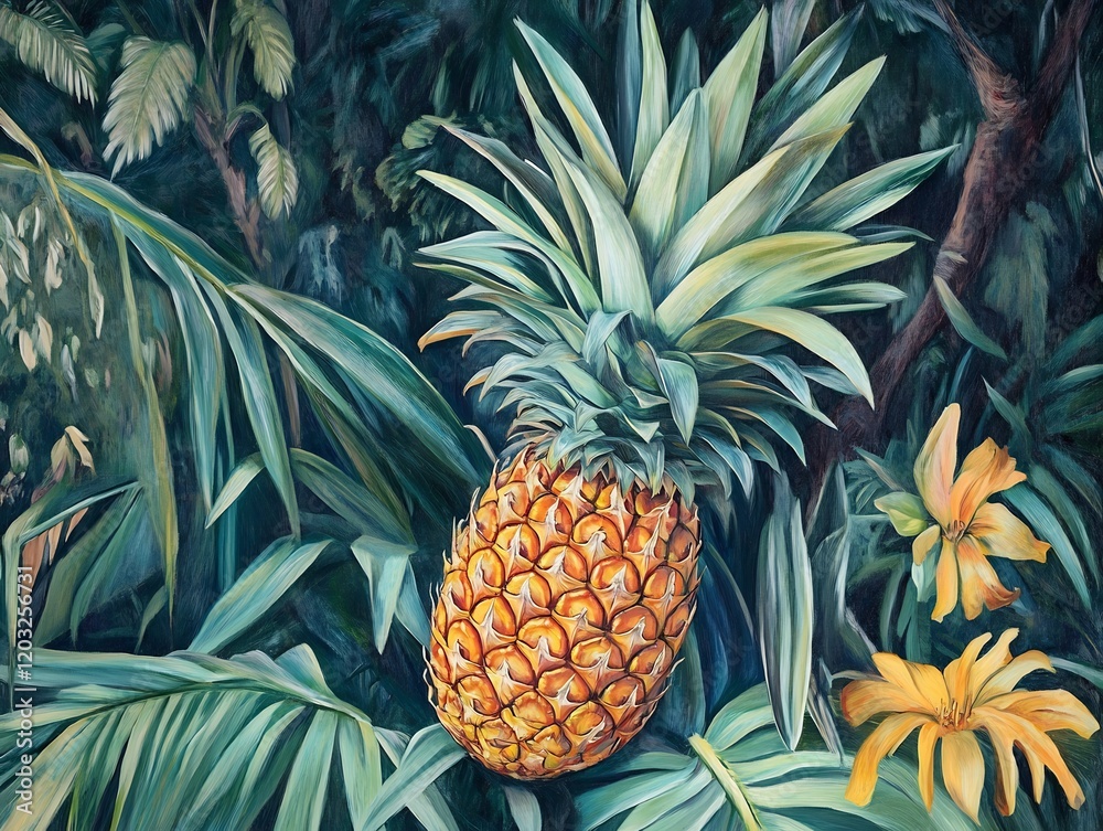 Obraz premium Lush tropical pineapple painting vibrant teal gold hues. AI Generated