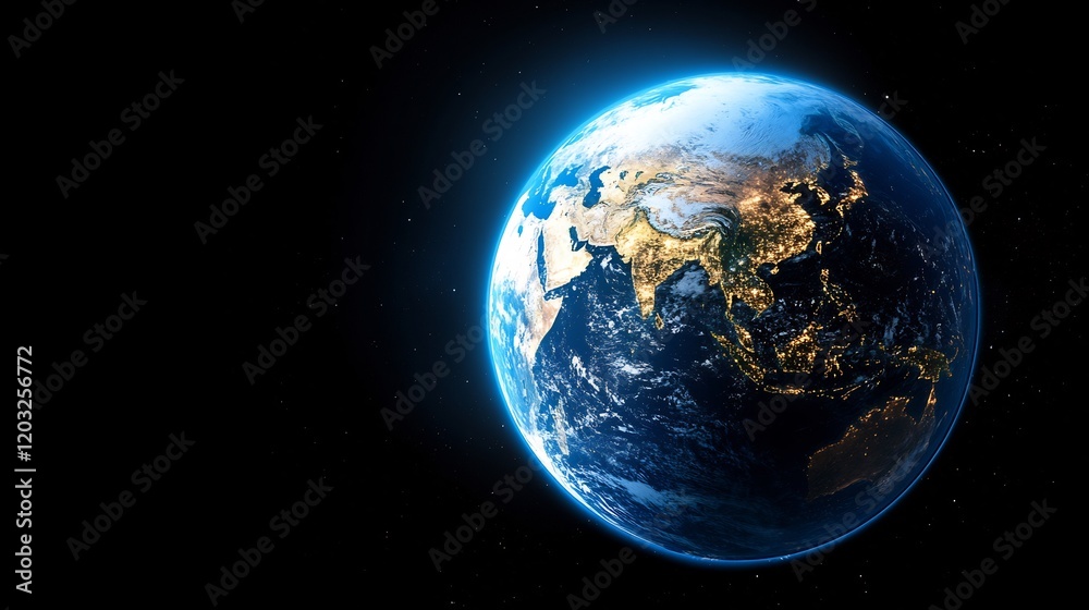 Naklejka premium Stunning Earth globe vividly glows against dark space background. AI Generated