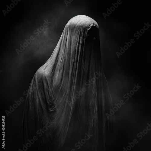 Mysterious figure shrouded in dark fabric creates an eerie atmosphere