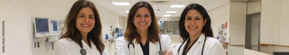 Fototapeta premium Three healthcare professionals in hospital corridor during daytime