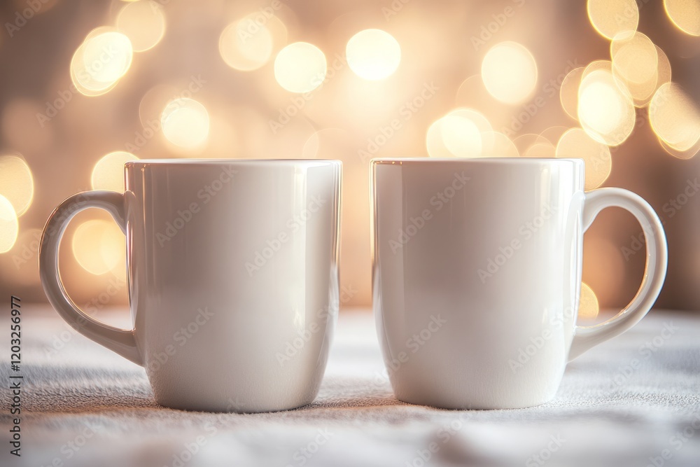 Obraz premium Two Empty White Coffee Mugs with Soft Bokeh Background Light