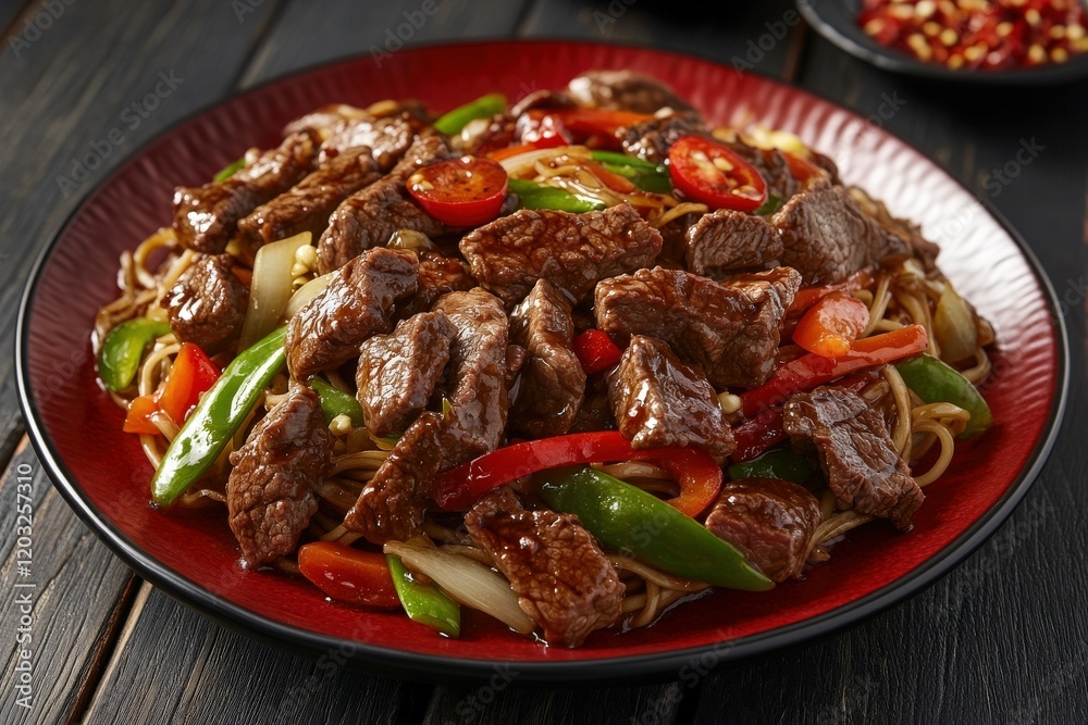 Fototapeta premium Delicious stir-fried noodles with beef and vibrant vegetables served in a bowl