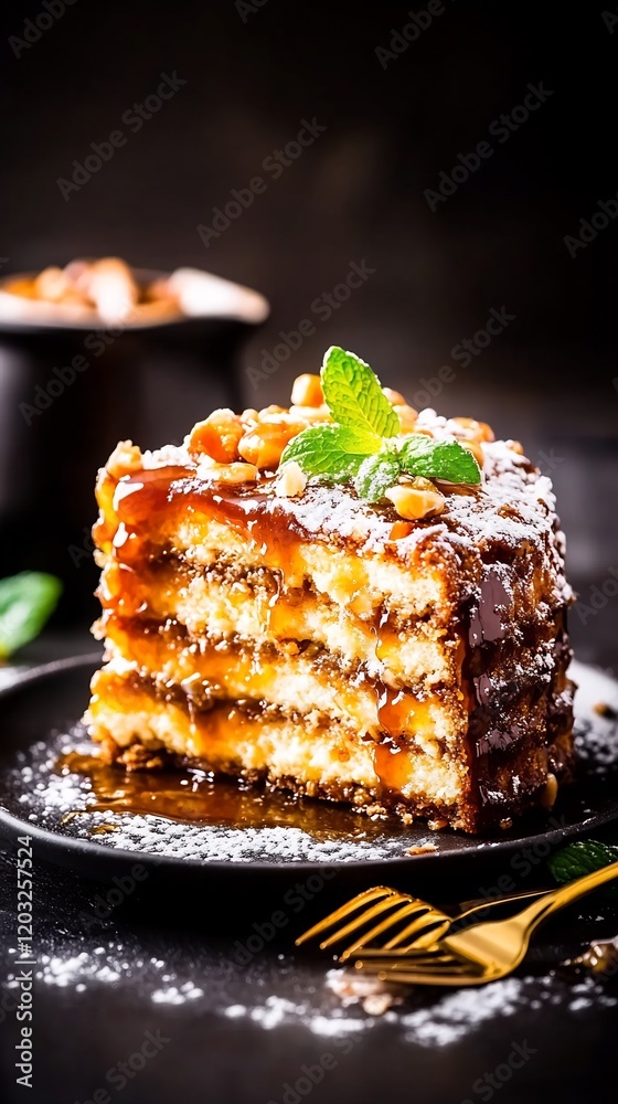Delicious layered cake rich caramel warm lighting tempting dessert. AI Generated Delicious layered cake rich caramel warm lighting tempting dessert. AI Generated