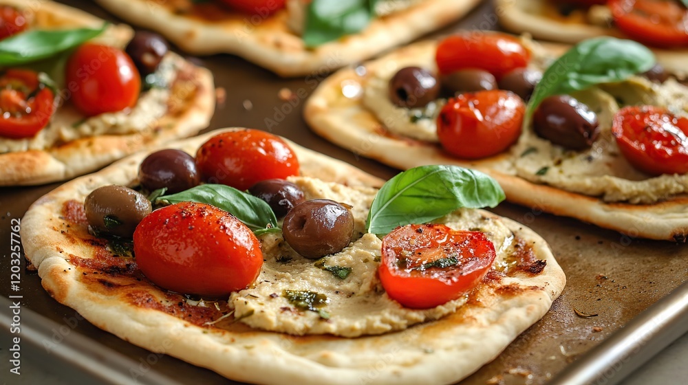 Baked flatbreads topped with hummus, olives, and cherry tomatoes. Baked flatbreads topped with hummus, olives, and cherry tomatoes.