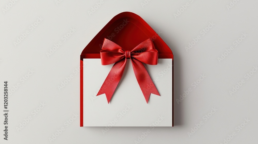 Red envelope with blank card & bow on white background, invitation mockup Red envelope with blank card & bow on white background, invitation mockup