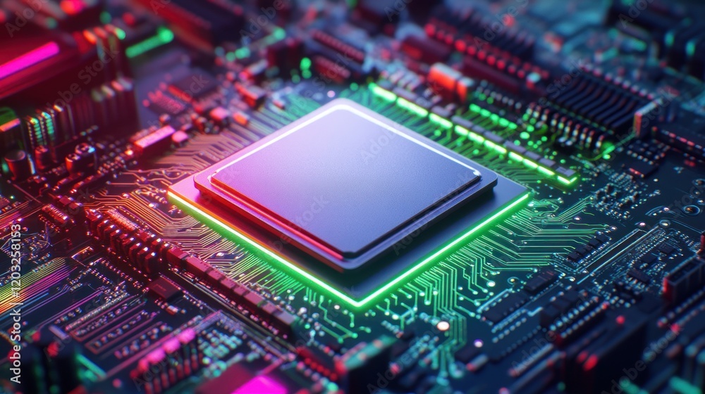 Close-up of a central processing unit (CPU) on a circuit board with vibrant neon lighting. Close-up of a central processing unit (CPU) on a circuit board with vibrant neon lighting.