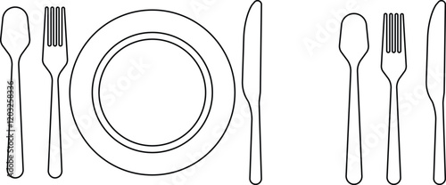 Cutlery plate icon set. Place Setting Paper Plate, Plastic Fork, Spoon, Knife black line and flat vector collection isolated on transparent background. Utensils meal crockery symbol for food and app