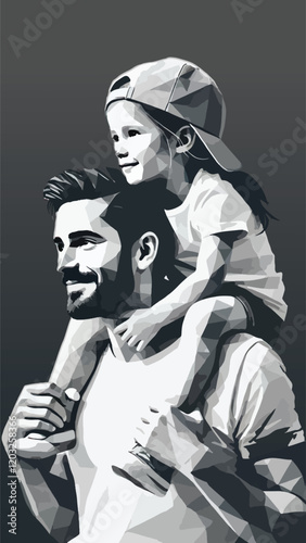 portrait of a father carrying his child on his shoulders in low poly style