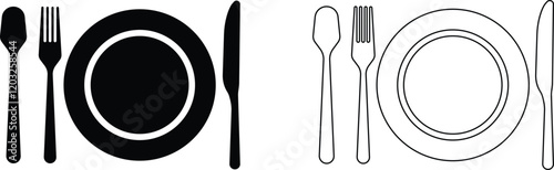 Cutlery plate icon set. Place Setting Paper Plate, Plastic Fork, Spoon, Knife black line and flat vector collection isolated on transparent background. Utensils meal crockery symbol for food and app