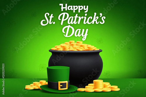 A St Patricks Day illustration with cauldron, coins, top hat and Celtic patterns photo