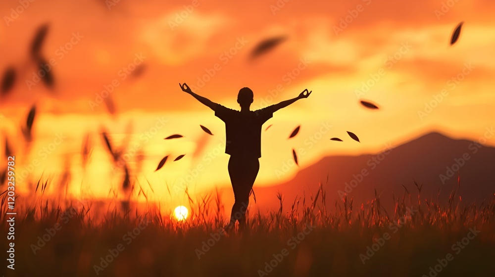 Mindful living balance concept. A person stands with arms raised against a vibrant sunset backdrop in a field. Mindful living balance concept. A person stands with arms raised against a vibrant sunset backdrop in a field.