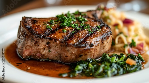 Seared boneless pork loin chops on a white plate