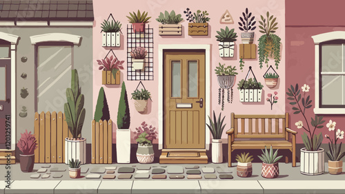 A compact and stylish front garden for an urban home, featuring vertical planters on the wall, potted plants in various sizes, a small seating area with a bench