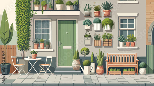 A compact and stylish front garden for an urban home, featuring vertical planters on the wall, potted plants in various sizes, a small seating area with a bench