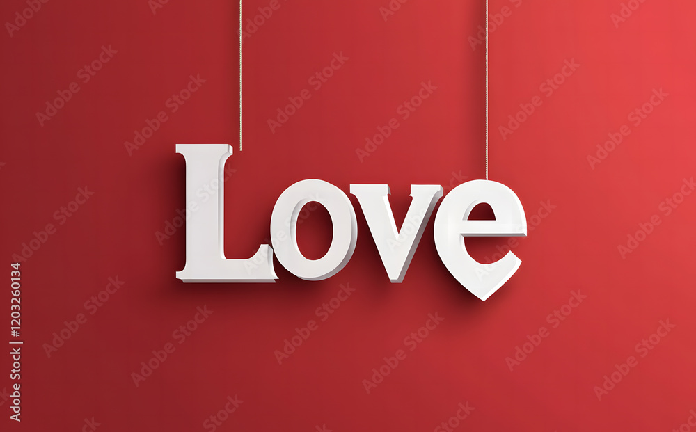Hanging Love Letters and Hearts on Red Background Hanging Love Letters and Hearts on Red Background