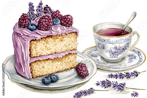 Delicate Lavender Cake Slice with Tea