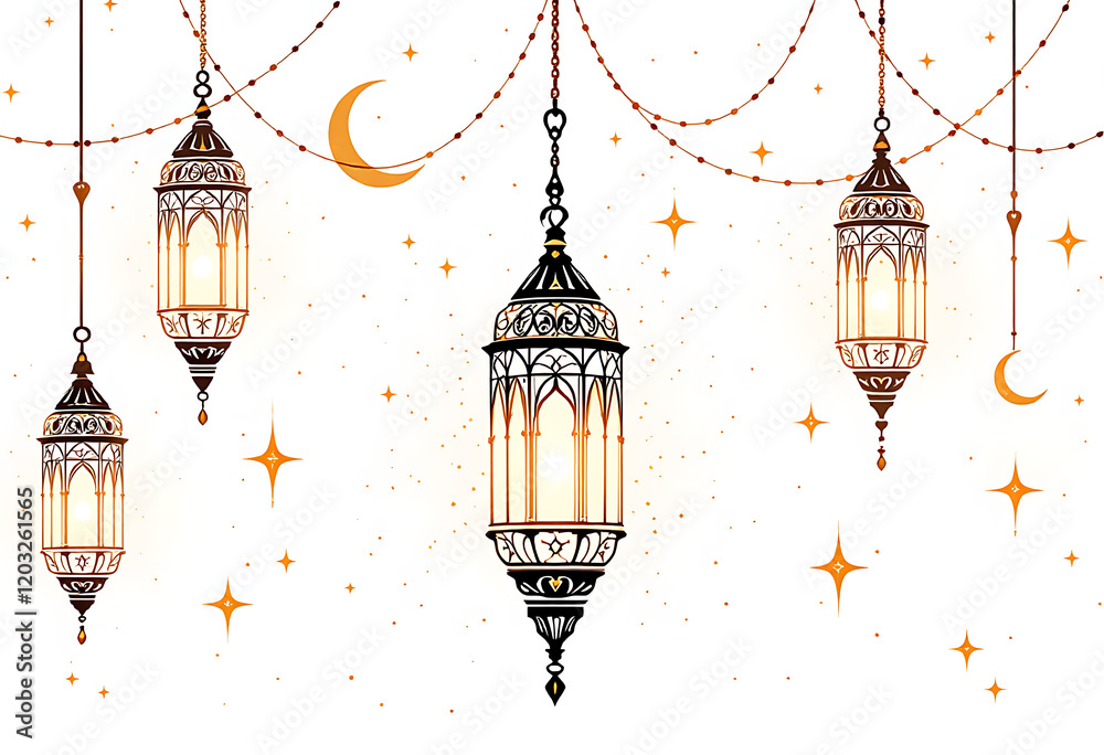 Obraz premium Elegant Ramadan Lanterns Hanging Under Night Sky with Stars and Crescent Moon Festive Decoration