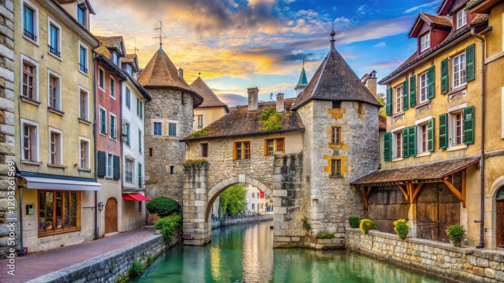 Ancient stone wall with old gates in Annecy's medieval Old Town, architecture, Europe, architecture, Europe Ancient stone wall with old gates in Annecy's medieval Old Town, architecture, Europe, architecture, Europe