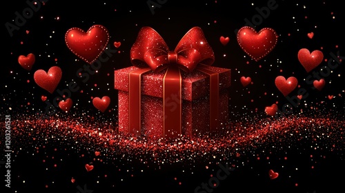 Red gift box with bow on glitter, hearts background