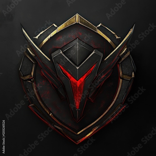 Dark Obsidian Crest: A majestic, dark obsidian crest with accents of gold and a glowing red emblem at its center. The intricate detailing and dramatic lighting create a sense of power and mystery. 