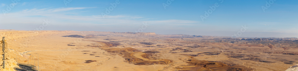 Panoramic view of Makhtesh (crater) Ramon - a geological relief of a large erosional cirque in the Negev Desert, southern Israel. January 17, 2025. Panoramic view of Makhtesh (crater) Ramon - a geological relief of a large erosional cirque in the Negev Desert, southern Israel. January 17, 2025.