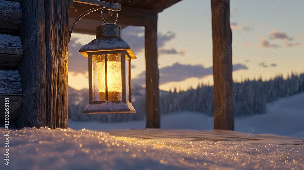 A rustic lantern illuminating a rugged mountain cabins porch, soft light spilling onto the snow-dusted ground, cool blues and warm yellows blending harmoniously, a sense of accomplishment and refuge A rustic lantern illuminating a rugged mountain cabins porch, soft light spilling onto the snow-dusted ground, cool blues and warm yellows blending harmoniously, a sense of accomplishment and refuge