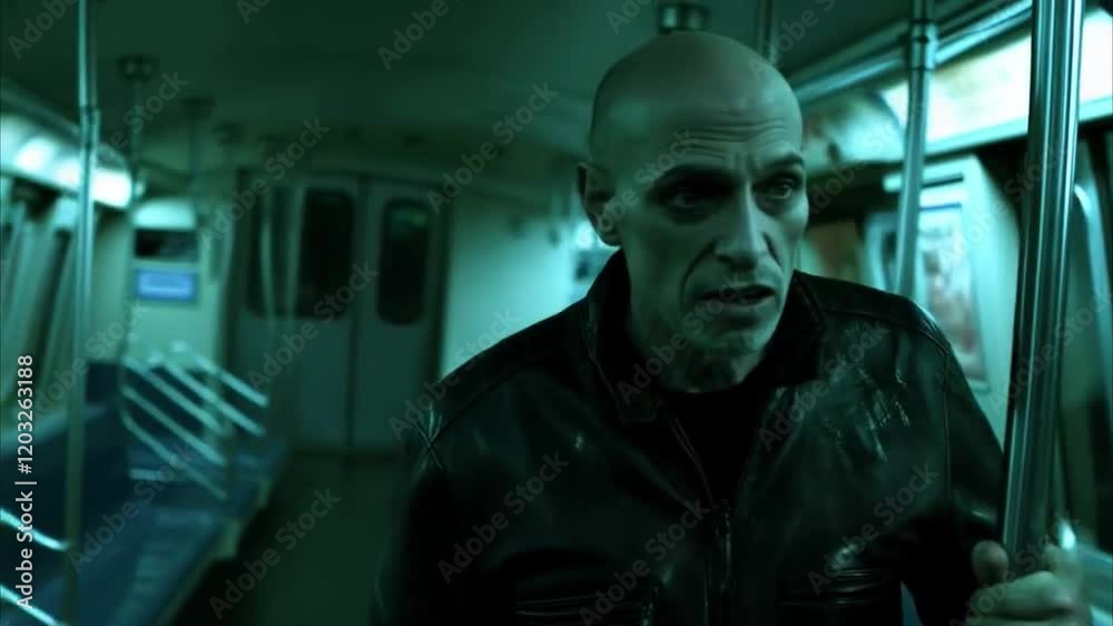 A wicked skinny bald man in black leather jacket holding pole in subway speaking suspiciously cinematic drama thriller movie scene, rogue man talking in the train or metro rail at night generative AI A wicked skinny bald man in black leather jacket holding pole in subway speaking suspiciously cinematic drama thriller movie scene, rogue man talking in the train or metro rail at night generative AI