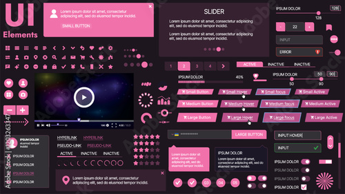 A modern UI kit featuring a collection of buttons, icons, navigation menus, and responsive design elements. Includes login forms, media players, search bars, and calendars, ideal for apps, websites