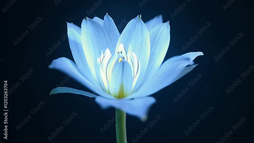 single glowing flower bud opens in slow motion on a black background